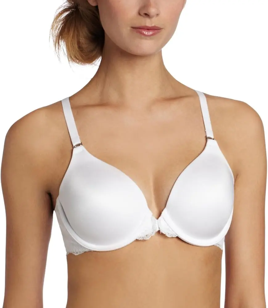 Sosten estilo racerback con cierre frontal con encaje trasero con copa y varilla Maidenform 07112 (34B, BLANCO)